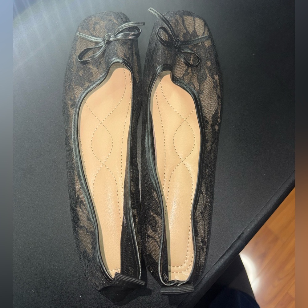 Lace Overlay Ballet Flats in Black - Women's Casual Flats